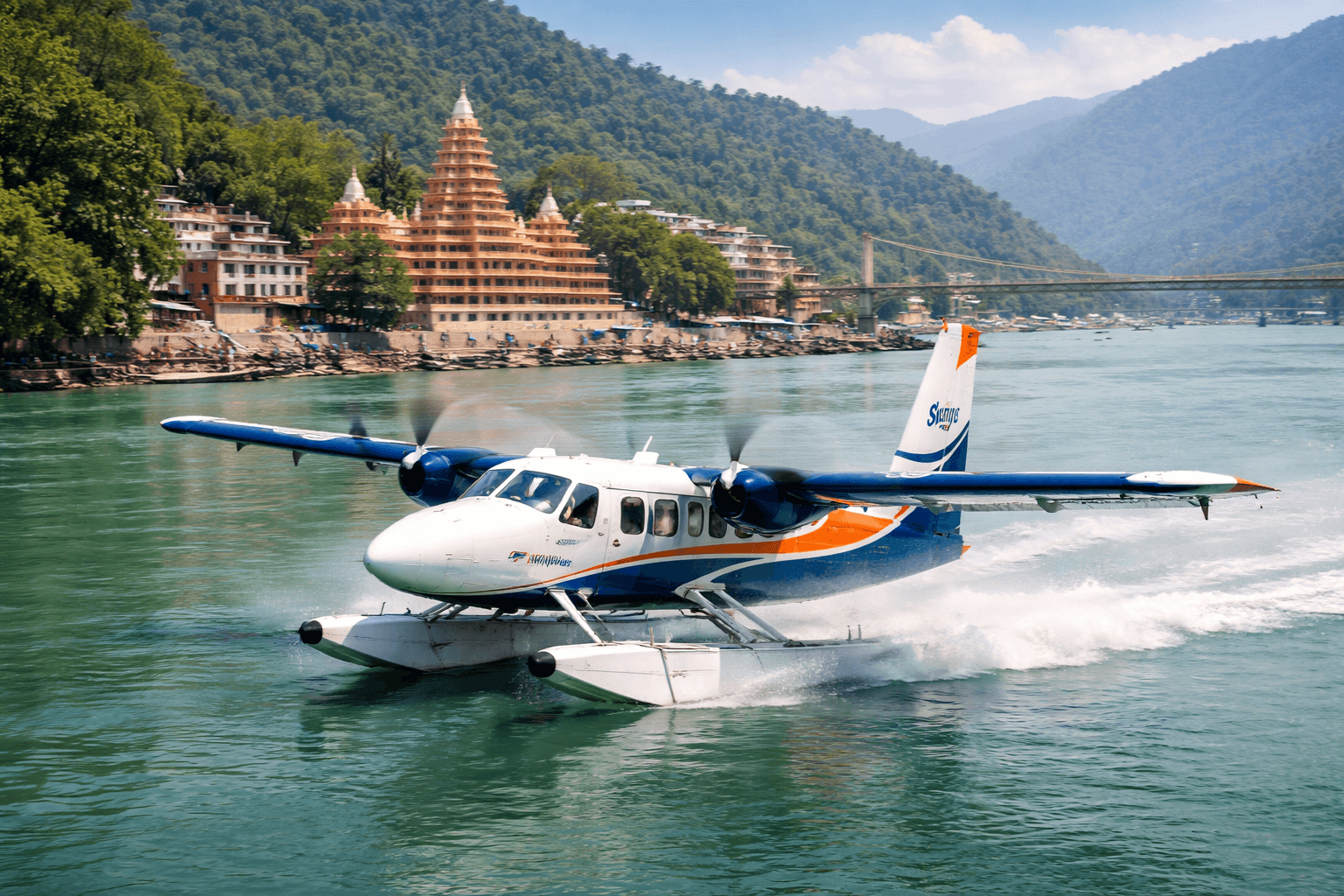 SkyHop seaplane test flight landing on Ganga Barrage in Rishikesh, Uttarakhand