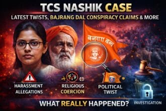 TCS Nashik Case news-style thumbnail showing a woman employee, protest visuals, Bajrang Dal flag, police investigation elements, and bold text highlighting harassment allegations, religious coercion claims, and political controversy.