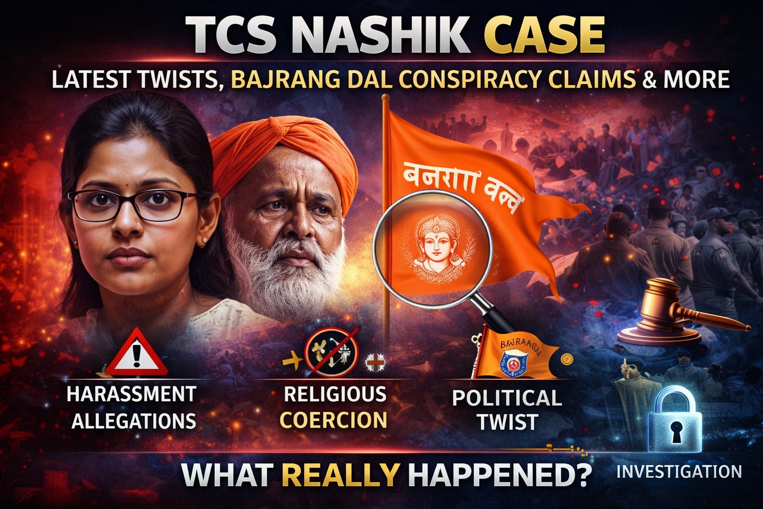 TCS Nashik Case news-style thumbnail showing a woman employee, protest visuals, Bajrang Dal flag, police investigation elements, and bold text highlighting harassment allegations, religious coercion claims, and political controversy.
