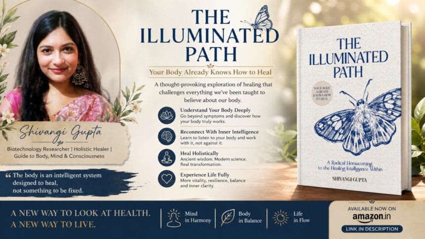 Promotional banner featuring the book The Illuminated Path by Shivangi Gupta, showing the author’s portrait, book cover with butterfly design, and wellness-themed elements highlighting holistic healing and mind-body connection.