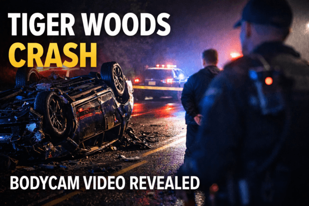 Tiger Woods Trump call DUI crash video scene showing overturned SUV and police lights in Florida 2026