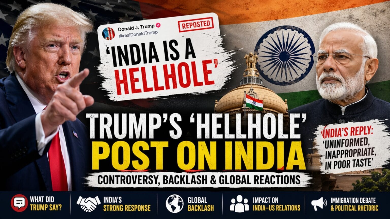 Split-screen news graphic featuring Donald Trump pointing aggressively on the left and Narendra Modi on the right, with Indian Parliament and flag in the background, highlighting controversy over Trump’s “India is a hellhole” remark and global backlash.