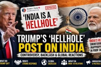 Split-screen news graphic featuring Donald Trump pointing aggressively on the left and Narendra Modi on the right, with Indian Parliament and flag in the background, highlighting controversy over Trump’s “India is a hellhole” remark and global backlash.