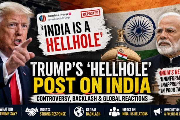 Split-screen news graphic featuring Donald Trump pointing aggressively on the left and Narendra Modi on the right, with Indian Parliament and flag in the background, highlighting controversy over Trump’s “India is a hellhole” remark and global backlash.