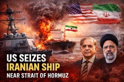 US seizes Iranian Ship near the Strait of Hormuz, showing a US Navy warship intercepting a burning Iranian-flagged cargo vessel, with US and Iran flags in the background and regional leaders highlighting rising geopolitical tensions.