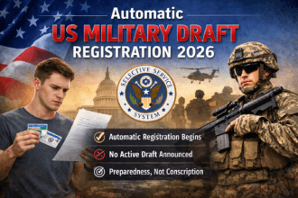 Automatic US Military Draft Registration 2026 concept showing US flag and soldier