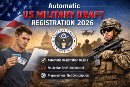 Automatic US Military Draft Registration 2026 concept showing US flag and soldier