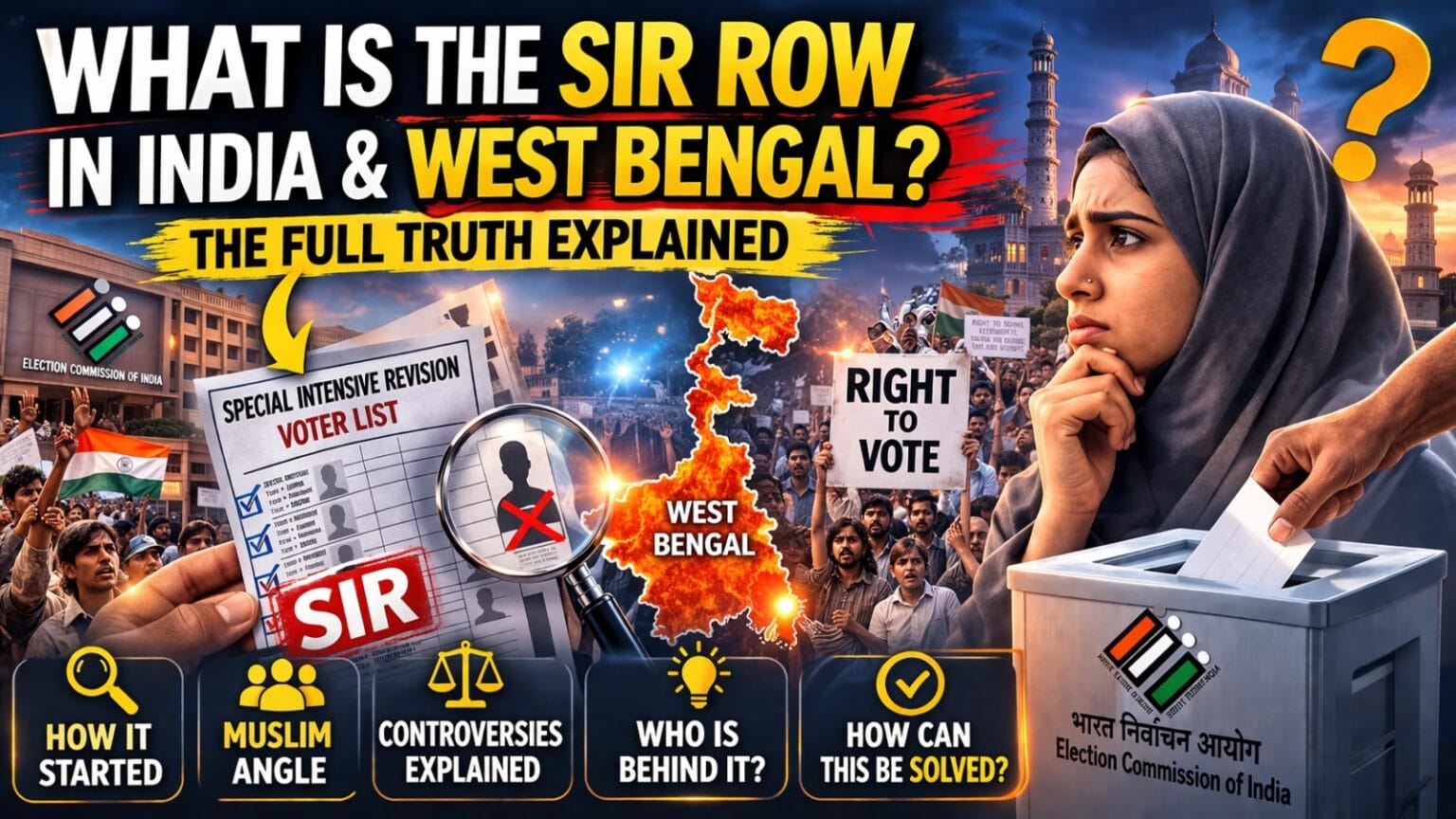 SIR Row controversy image showing West Bengal map, voter list deletion, Election Commission symbol, protest crowd, and ballot box highlighting electoral dispute