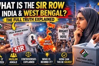 SIR Row controversy image showing West Bengal map, voter list deletion, Election Commission symbol, protest crowd, and ballot box highlighting electoral dispute