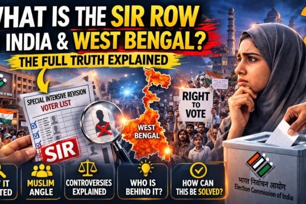 SIR Row controversy image showing West Bengal map, voter list deletion, Election Commission symbol, protest crowd, and ballot box highlighting electoral dispute