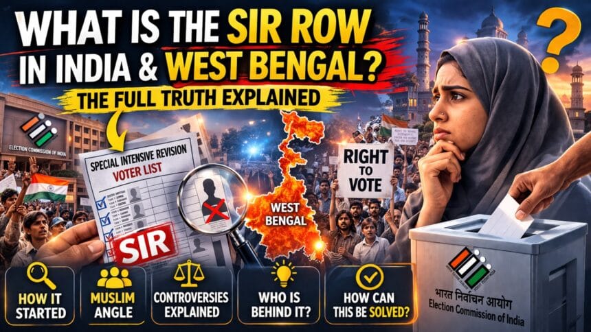 SIR Row controversy image showing West Bengal map, voter list deletion, Election Commission symbol, protest crowd, and ballot box highlighting electoral dispute