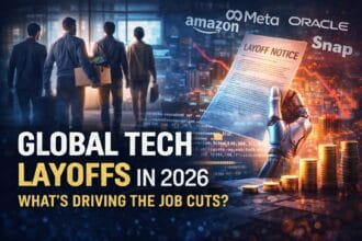 Global Tech Layoffs visualized with tech employees leaving an office carrying boxes, a robotic hand holding a layoff notice, and a falling graph in the background representing job cuts across major tech companies.