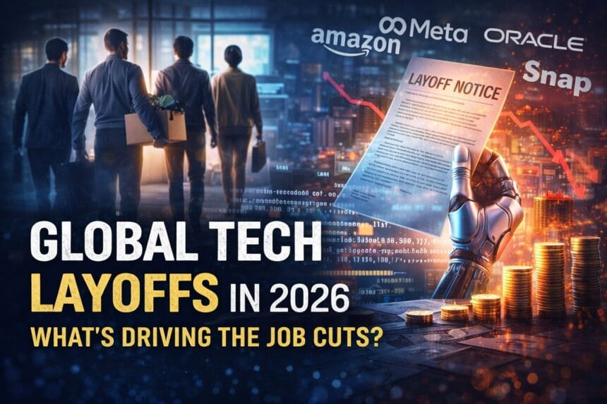 Global Tech Layoffs visualized with tech employees leaving an office carrying boxes, a robotic hand holding a layoff notice, and a falling graph in the background representing job cuts across major tech companies.