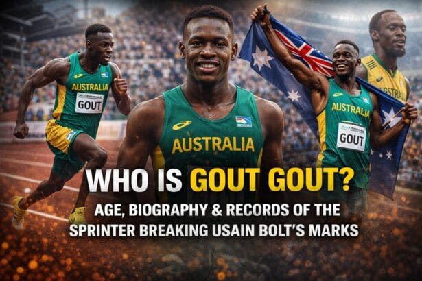 Who is Gout Gout image showing Australian teenage sprinter in action, celebrating with national flag and competing on track while breaking sprint records