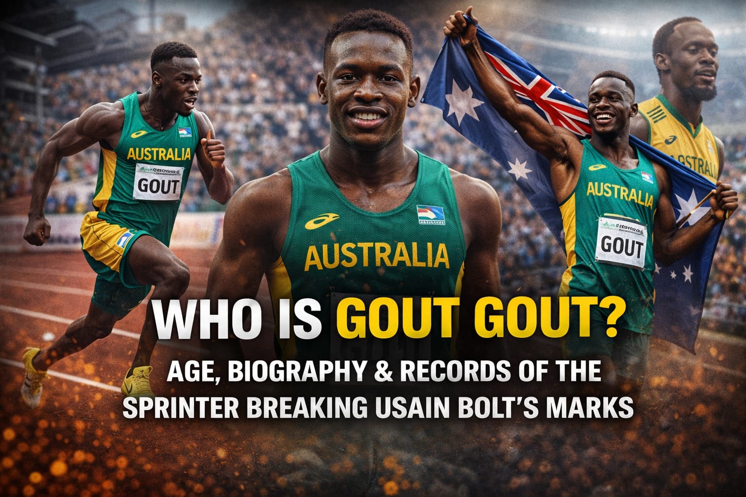 Who is Gout Gout image showing Australian teenage sprinter in action, celebrating with national flag and competing on track while breaking sprint records