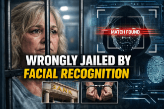 AI facial recognition wrongful arrest case showing a woman behind jail bars and a digital facial recognition scan highlighting a false match in a bank fraud investigation