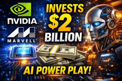 Nvidia invests ,Marvell partnership thumbnail showing $2 billion AI investment with futuristic robot, semiconductor chip and money stack