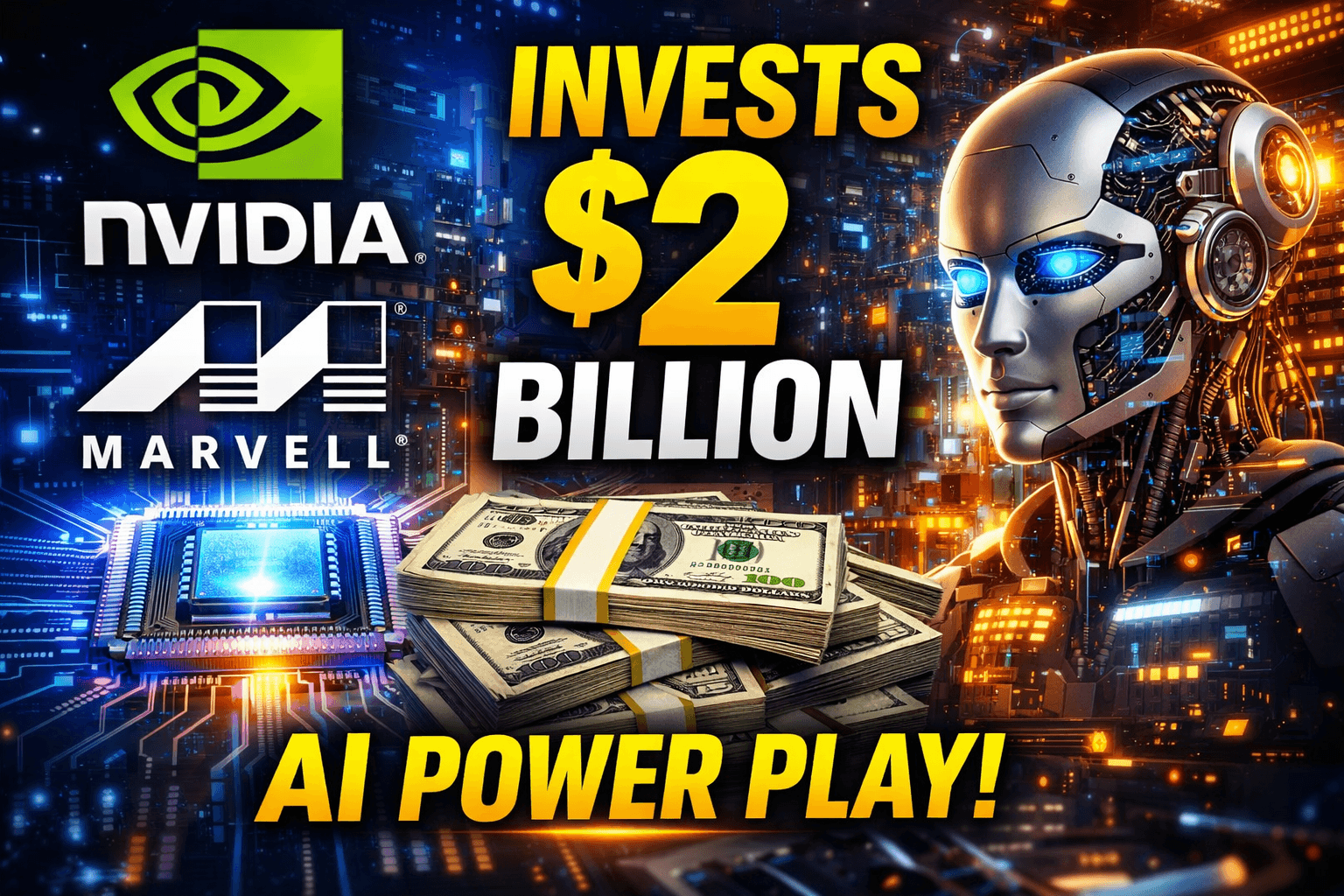 Nvidia invests ,Marvell partnership thumbnail showing $2 billion AI investment with futuristic robot, semiconductor chip and money stack