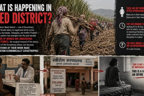 A female migrant worker cuts sugarcane at dawn. Thousands of women in maharashtra are removing their uteruses before harvest season to avoid losing wages during menstruation.