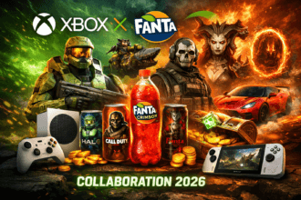 Xbox Fanta Collaboration 2026 promotional image showing gaming characters, Fanta Crimson bottles, Xbox Series S console, and exclusive rewards