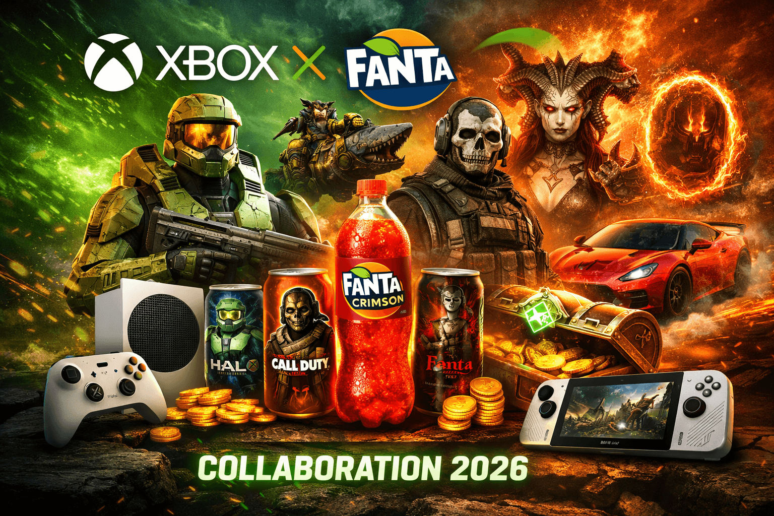 Xbox Fanta Collaboration 2026 promotional image showing gaming characters, Fanta Crimson bottles, Xbox Series S console, and exclusive rewards