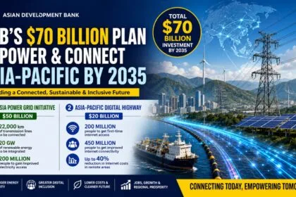 Infographic showing ADB’s $70 Billion plan to improve electricity sharing and internet connectivity across Asia-Pacific by 2035, featuring power grids, renewable energy, and digital network expansion.