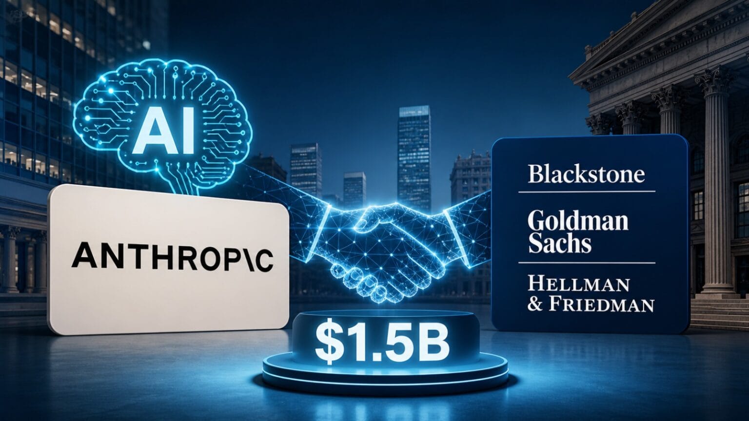 Futuristic 16:9 illustration showing Anthropic and major Wall Street firms connected through a digital handshake with AI visuals, symbolizing a $1.5 billion enterprise AI partnership.