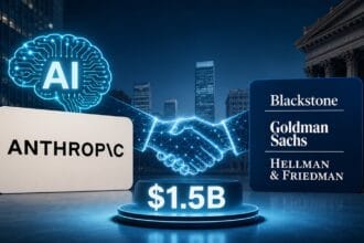 Futuristic 16:9 illustration showing Anthropic and major Wall Street firms connected through a digital handshake with AI visuals, symbolizing a $1.5 billion enterprise AI partnership.