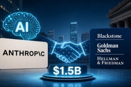 Futuristic 16:9 illustration showing Anthropic and major Wall Street firms connected through a digital handshake with AI visuals, symbolizing a $1.5 billion enterprise AI partnership.