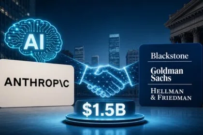 Futuristic 16:9 illustration showing Anthropic and major Wall Street firms connected through a digital handshake with AI visuals, symbolizing a $1.5 billion enterprise AI partnership.