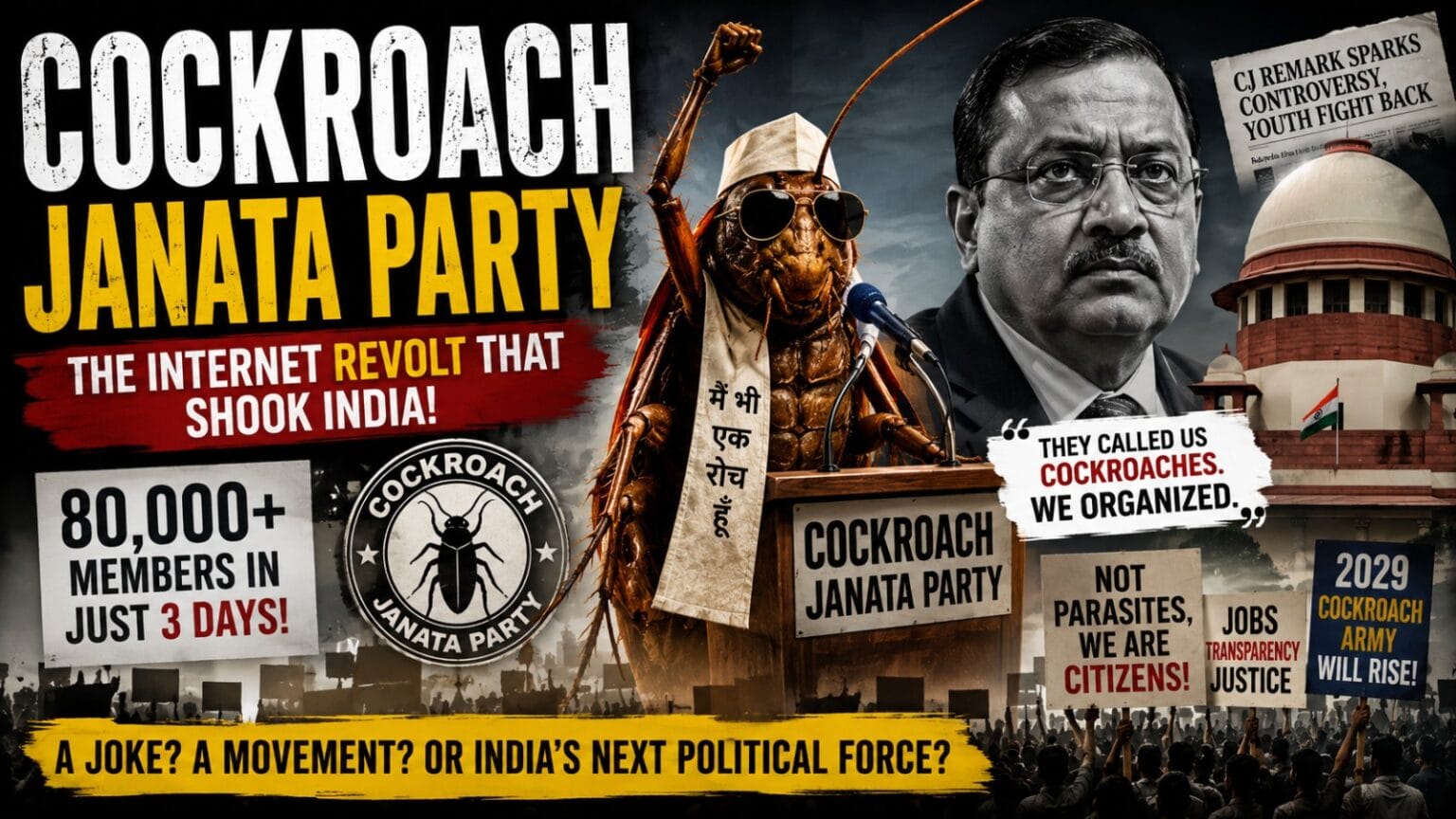 A dramatic political-style poster featuring a giant cockroach standing at a podium labelled “Cockroach Janata Party,” surrounded by protest crowds, political banners, and the Indian Supreme Court building. The artwork uses dark cinematic tones with bold yellow and red typography to depict a satirical internet-driven political movement in India.