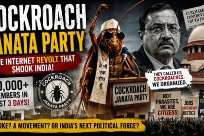 A dramatic political-style poster featuring a giant cockroach standing at a podium labelled “Cockroach Janata Party,” surrounded by protest crowds, political banners, and the Indian Supreme Court building. The artwork uses dark cinematic tones with bold yellow and red typography to depict a satirical internet-driven political movement in India.