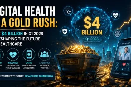 Infographic showing digital health startups raised $4 billion in Q1 2026, with 12 mega-deals above $100 million each, marking the strongest quarter since the pandemic peak.