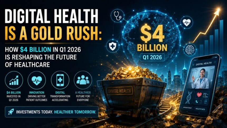 Infographic showing digital health startups raised $4 billion in Q1 2026, with 12 mega-deals above $100 million each, marking the strongest quarter since the pandemic peak.