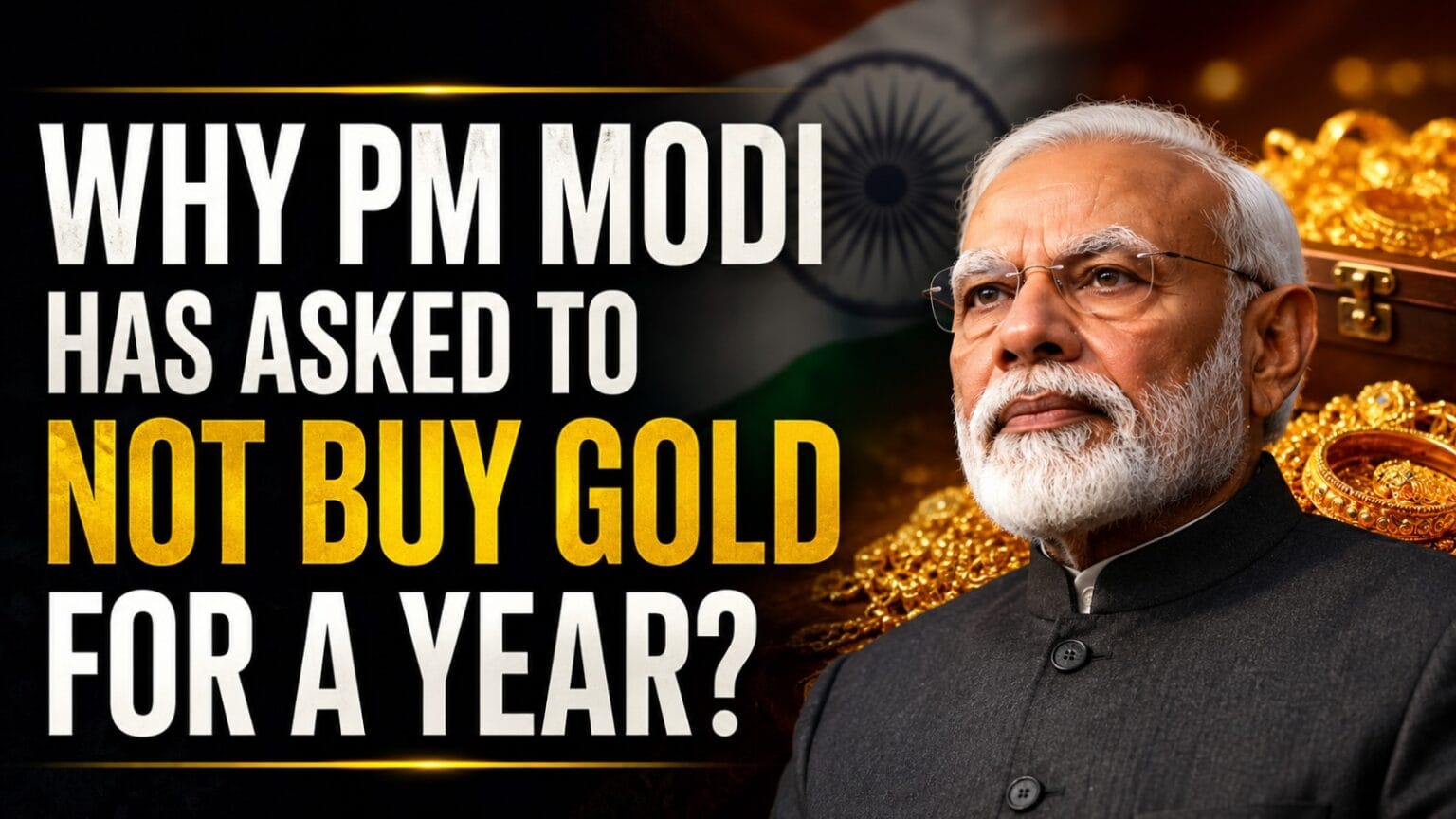 Don't buy gold graphic featuring Prime Minister Narendra Modi with gold jewelry and bars in the background, highlighting his appeal asking Indians to avoid non-essential gold purchases for a year amid economic uncertainty.