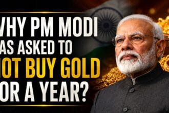 Don't buy gold graphic featuring Prime Minister Narendra Modi with gold jewelry and bars in the background, highlighting his appeal asking Indians to avoid non-essential gold purchases for a year amid economic uncertainty.