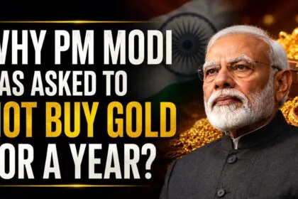 Don't buy gold graphic featuring Prime Minister Narendra Modi with gold jewelry and bars in the background, highlighting his appeal asking Indians to avoid non-essential gold purchases for a year amid economic uncertainty.