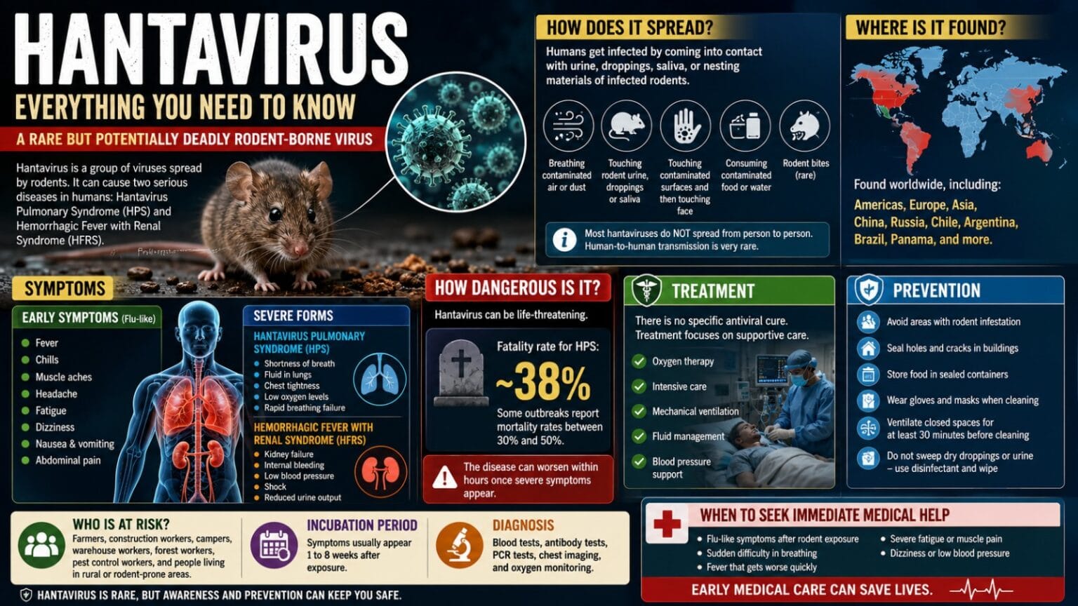 Hantavirus Explained infographic showing symptoms, transmission, fatality rates, treatment options, and prevention methods for the rare rodent-borne virus alongside medical visuals and infected rodent illustrations.