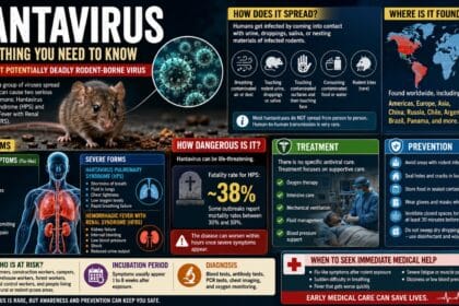 Hantavirus Explained infographic showing symptoms, transmission, fatality rates, treatment options, and prevention methods for the rare rodent-borne virus alongside medical visuals and infected rodent illustrations.