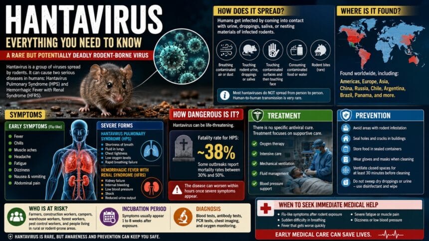 Hantavirus Explained infographic showing symptoms, transmission, fatality rates, treatment options, and prevention methods for the rare rodent-borne virus alongside medical visuals and infected rodent illustrations.