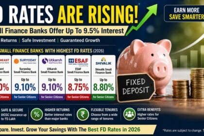 Financial infographic showing rising FD interest rates in India with Small Finance Banks offering up to 9.5% returns, alongside a piggy bank, stacked coins, and comparison charts of top FD rates for 2026.