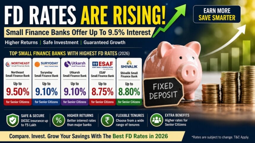 Financial infographic showing rising FD interest rates in India with Small Finance Banks offering up to 9.5% returns, alongside a piggy bank, stacked coins, and comparison charts of top FD rates for 2026.