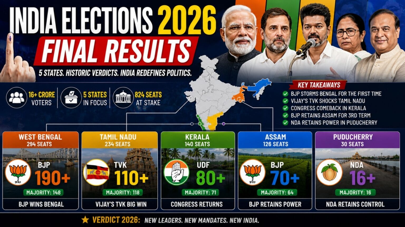 Infographic showing India Election Results 2026 with state-wise breakdown for West Bengal, Tamil Nadu, Kerala, Assam, and Puducherry, highlighting winning parties, seat counts, majority marks, and key political leaders with bold visuals and maps.