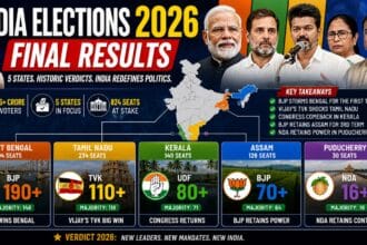 Infographic showing India Election Results 2026 with state-wise breakdown for West Bengal, Tamil Nadu, Kerala, Assam, and Puducherry, highlighting winning parties, seat counts, majority marks, and key political leaders with bold visuals and maps.