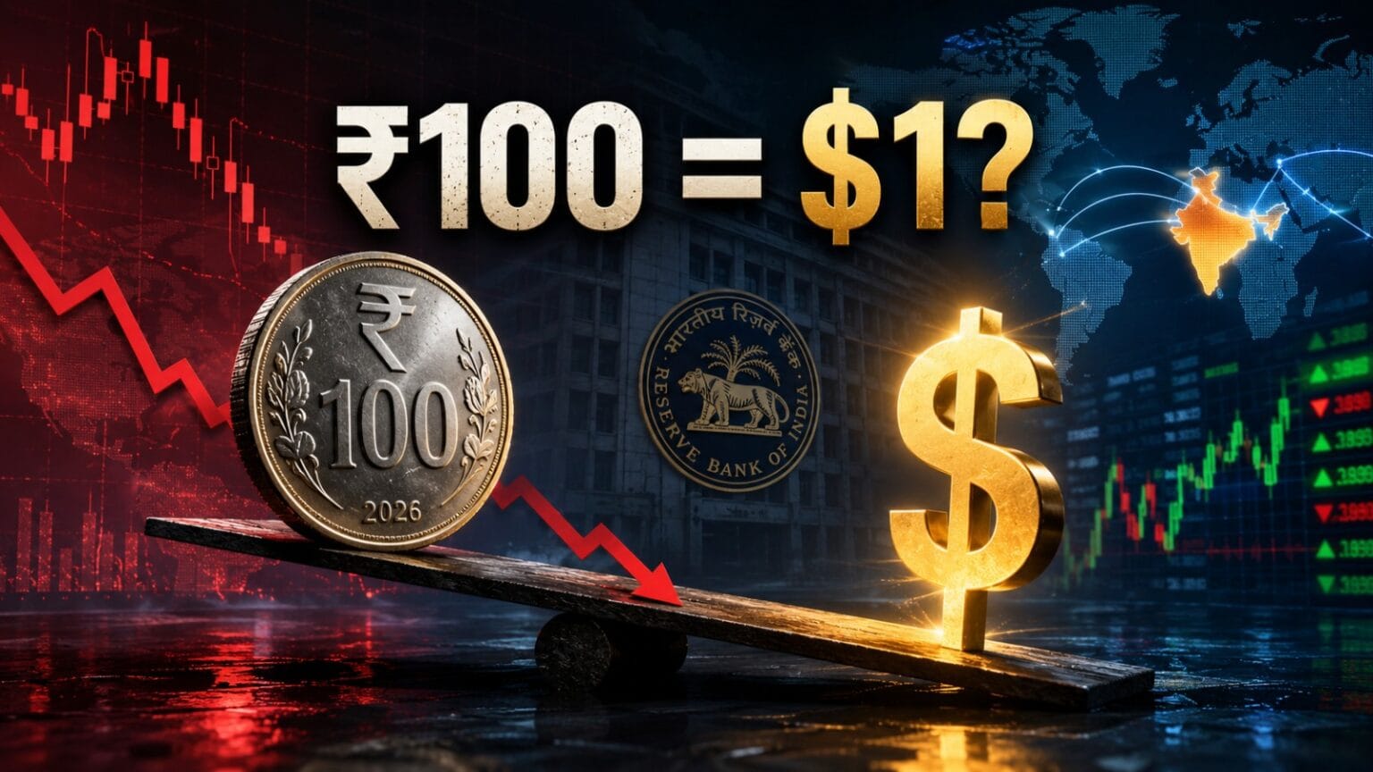 Rupee fall concept image showing an Indian ₹100 coin facing a US dollar symbol against a financial market backdrop with declining currency charts, forex indicators, and economic data visualizations.