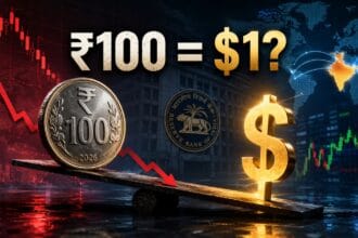 Rupee fall concept image showing an Indian ₹100 coin facing a US dollar symbol against a financial market backdrop with declining currency charts, forex indicators, and economic data visualizations.