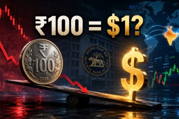 Rupee fall concept image showing an Indian ₹100 coin facing a US dollar symbol against a financial market backdrop with declining currency charts, forex indicators, and economic data visualizations.