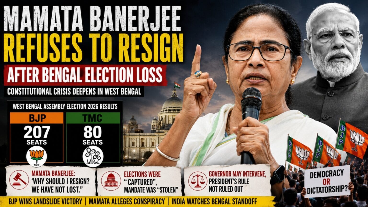 West Bengal Chief Minister Mamata Banerjee speaking with a microphone while a grayscale image of Narendra Modi appears in the background alongside election result graphics showing BJP’s landslide victory in the 2026 Bengal elections.