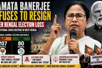 West Bengal Chief Minister Mamata Banerjee speaking with a microphone while a grayscale image of Narendra Modi appears in the background alongside election result graphics showing BJP’s landslide victory in the 2026 Bengal elections.