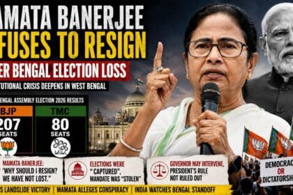 West Bengal Chief Minister Mamata Banerjee speaking with a microphone while a grayscale image of Narendra Modi appears in the background alongside election result graphics showing BJP’s landslide victory in the 2026 Bengal elections.